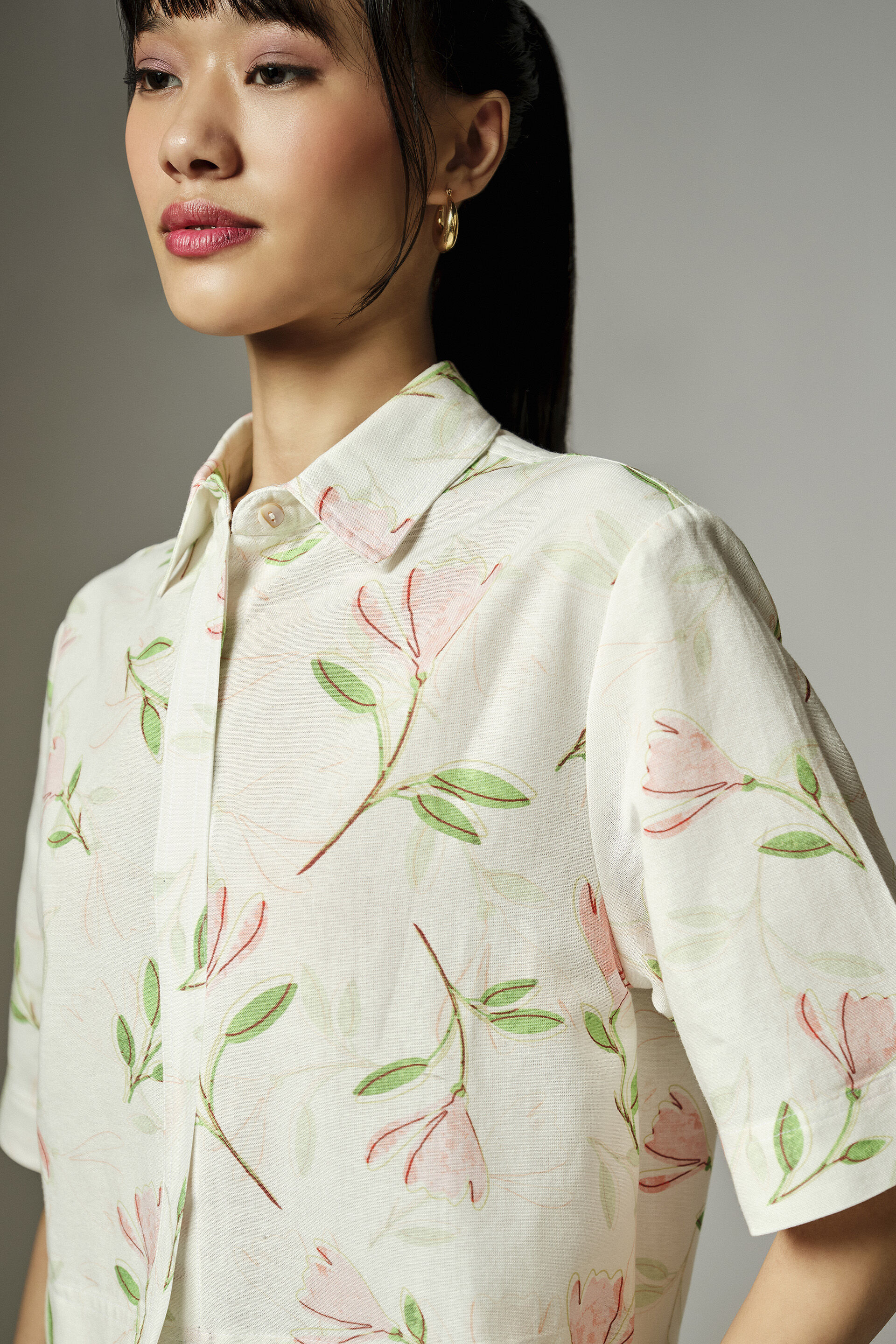 Floral White Cropped Shirt, Pink, image 6